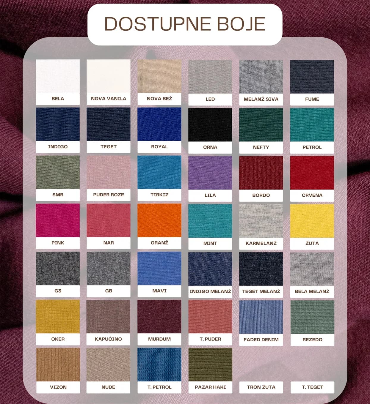 Dostupne boje za materijal ACG PENJA