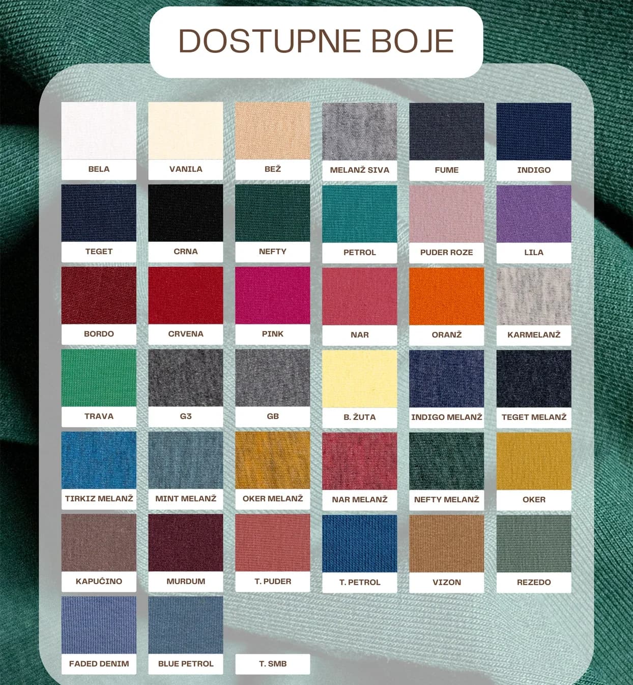 Dostupne boje za materijal FUTER LIKRA NE BRUSENA