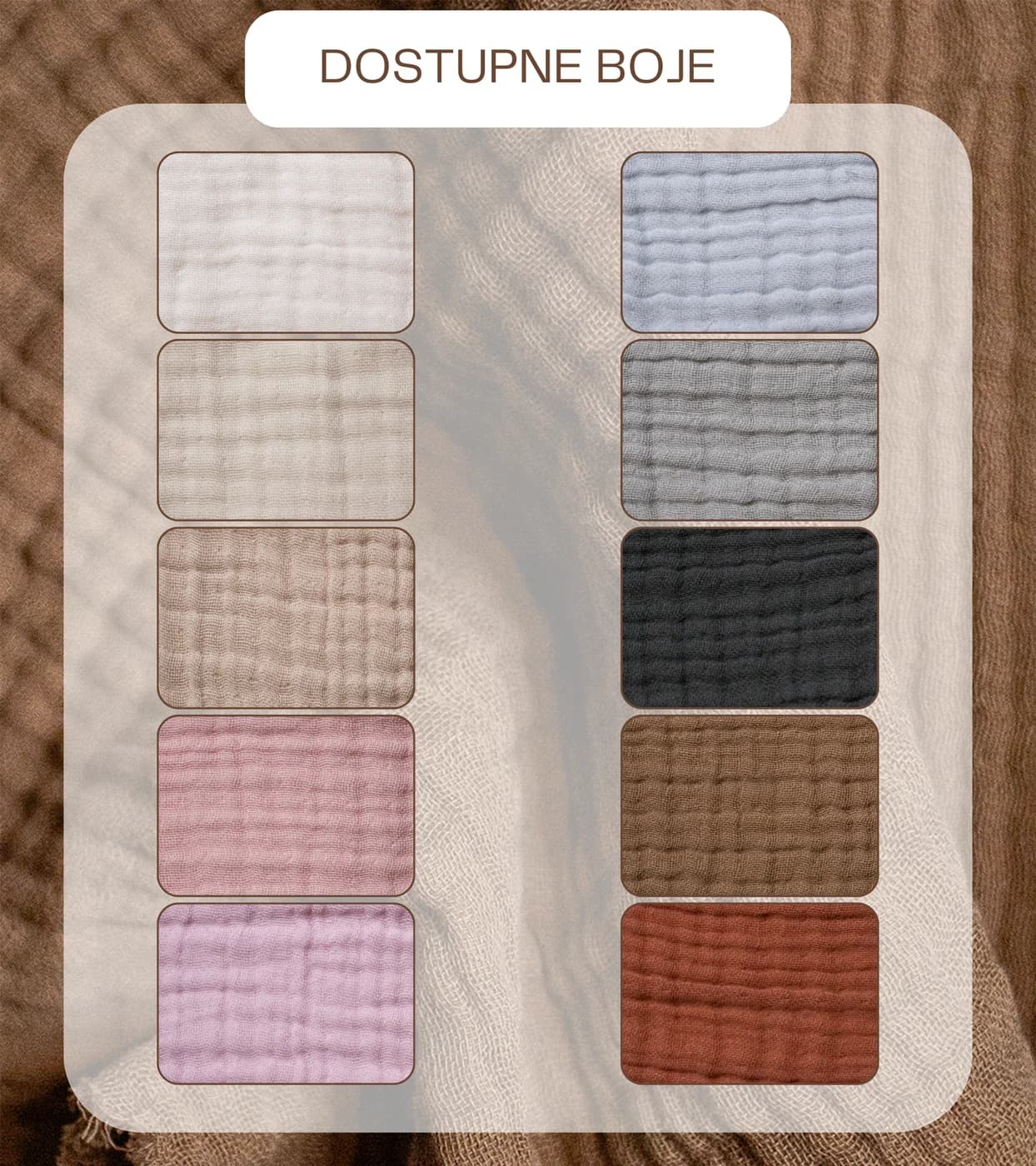 Dostupne boje za materijal Muslin četvoroslojni