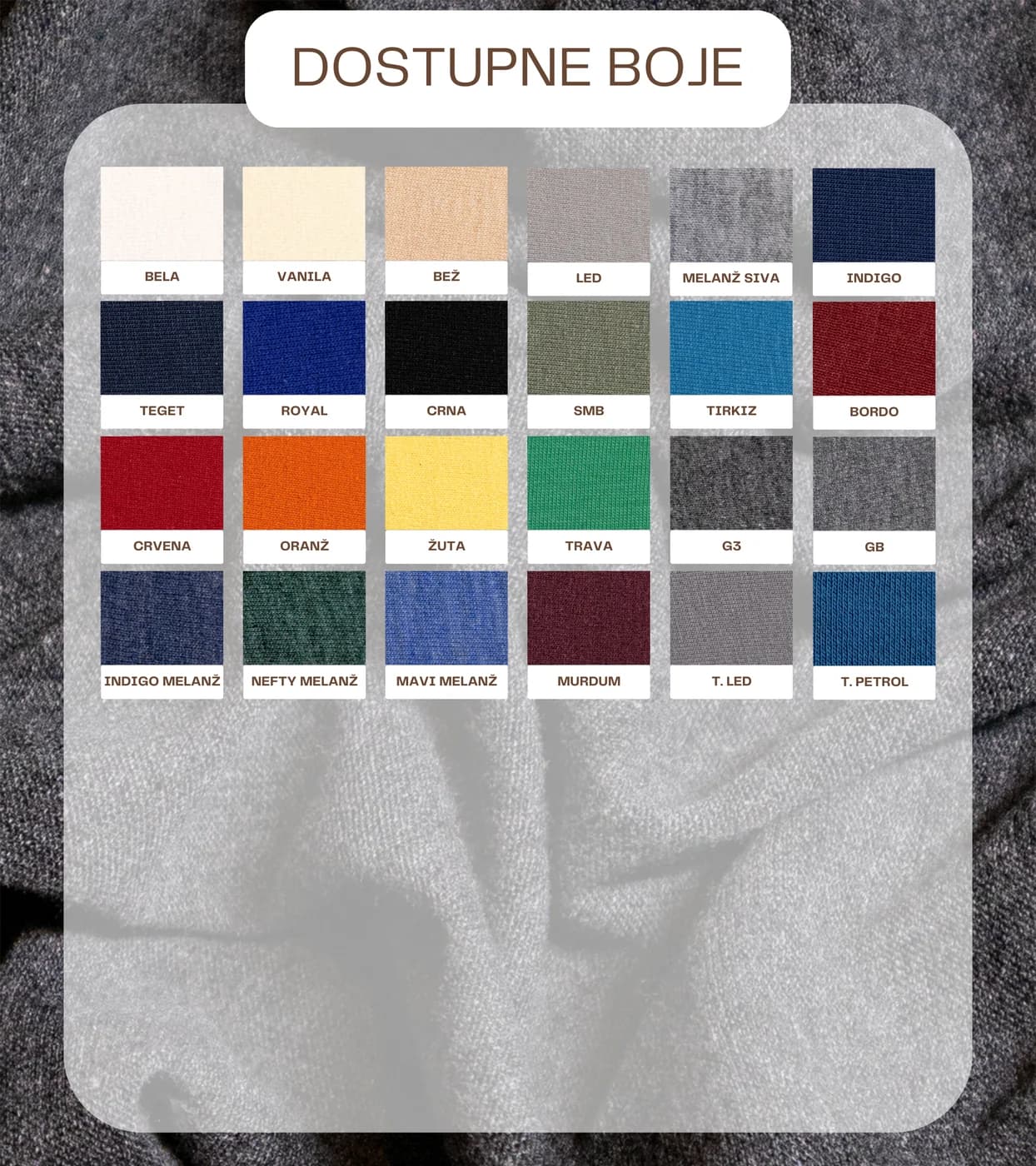 Dostupne boje za materijal SINGL OE 130 GR
