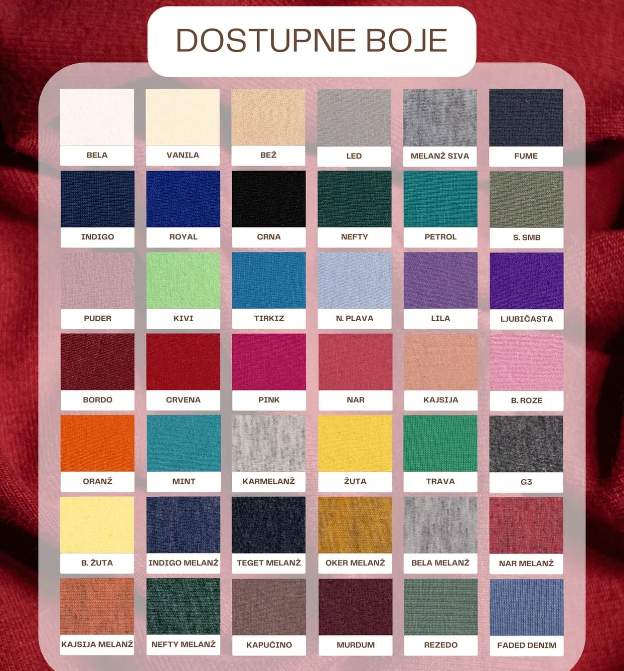 Dostupne boje za materijal SINGL OE 150 GR, deo 1